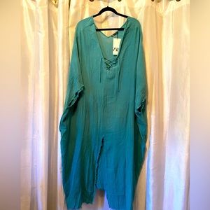 Zara turquoise tunic/kaftan Size Medium, front tie & front slit, frayed edge NWT